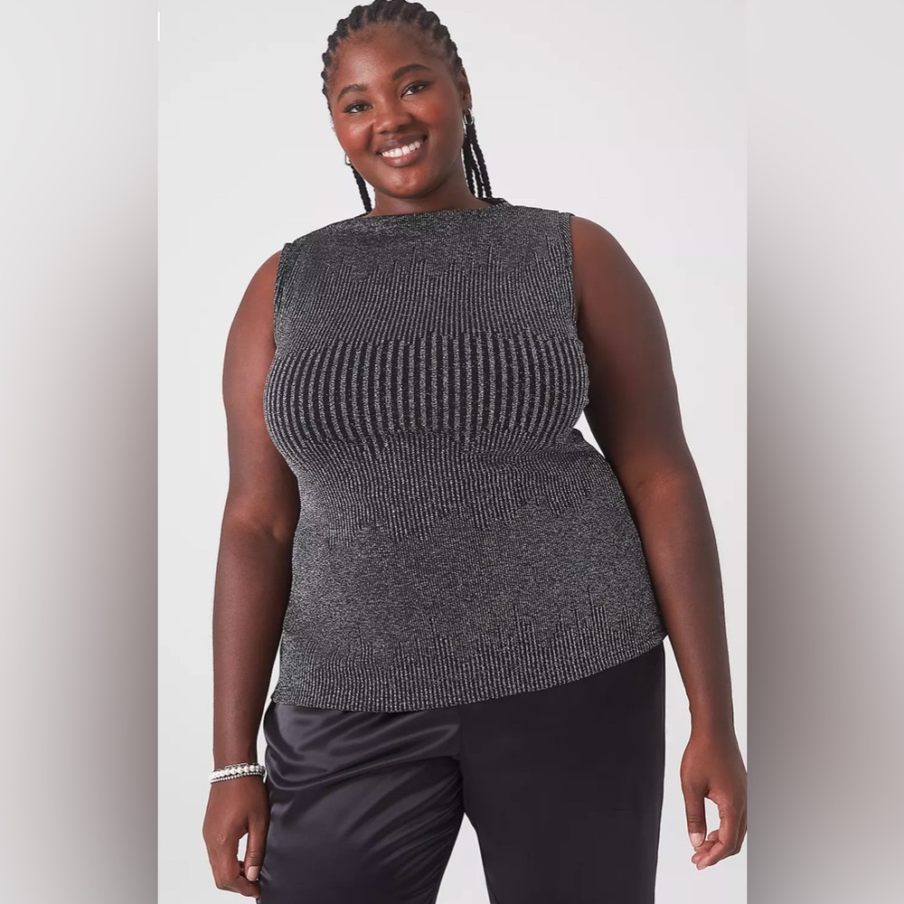 Black Silver Glitter Shimmer Stretch Sleeveless High Neck Modest Party Tank Top